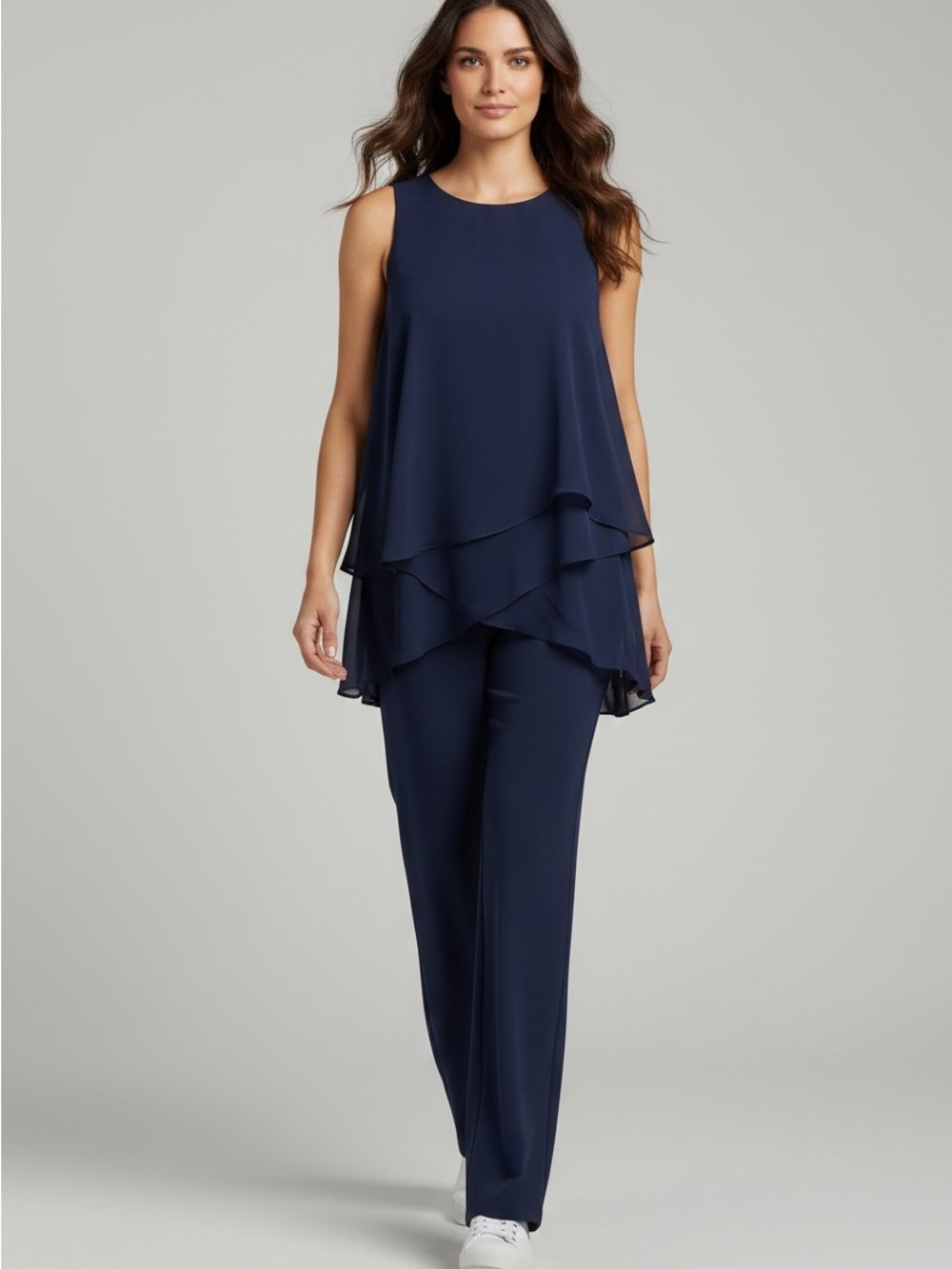 Tahari ASL Women's Sleeveless Fly Away Jumpsuit Navy Blue Sheer Size 4